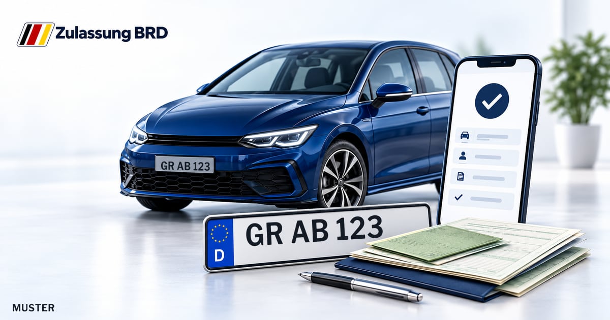 Online Fahrzeugzulassung in Görlitz: Musterkennzeichen GR AB 123, Auto und Fahrzeugpapiere und Smartphone. Illustration mit Logo von Zulassung BRD.